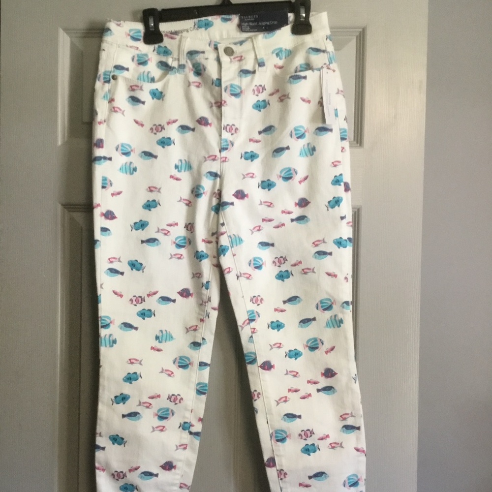 Talbots Hi Waisted Slimming Stretchy Jegging Crops Beach Fish Design Size 8 NWT